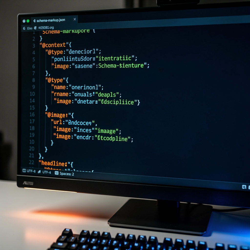 Código JSON-LD de datos estructurados Schema.org en editor de código moderno